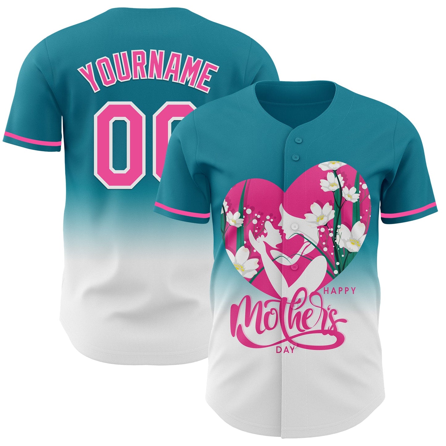 Custom Teal Pink-White 3D Pattern Design Gradient Mother's Day Family Love Authentic Baseball Jersey - Main View