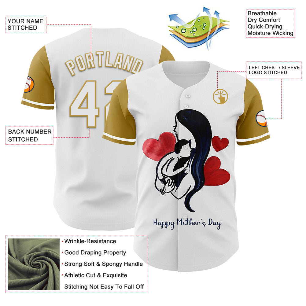 Custom White Old Gold 3D Pattern Design Mother's Day Family Love Authentic Baseball Jersey view 3