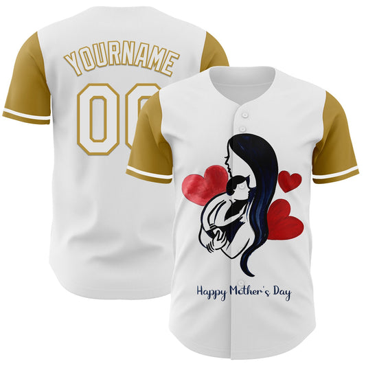 Custom White Old Gold 3D Pattern Design Mother's Day Family Love Authentic Baseball Jersey - Main View