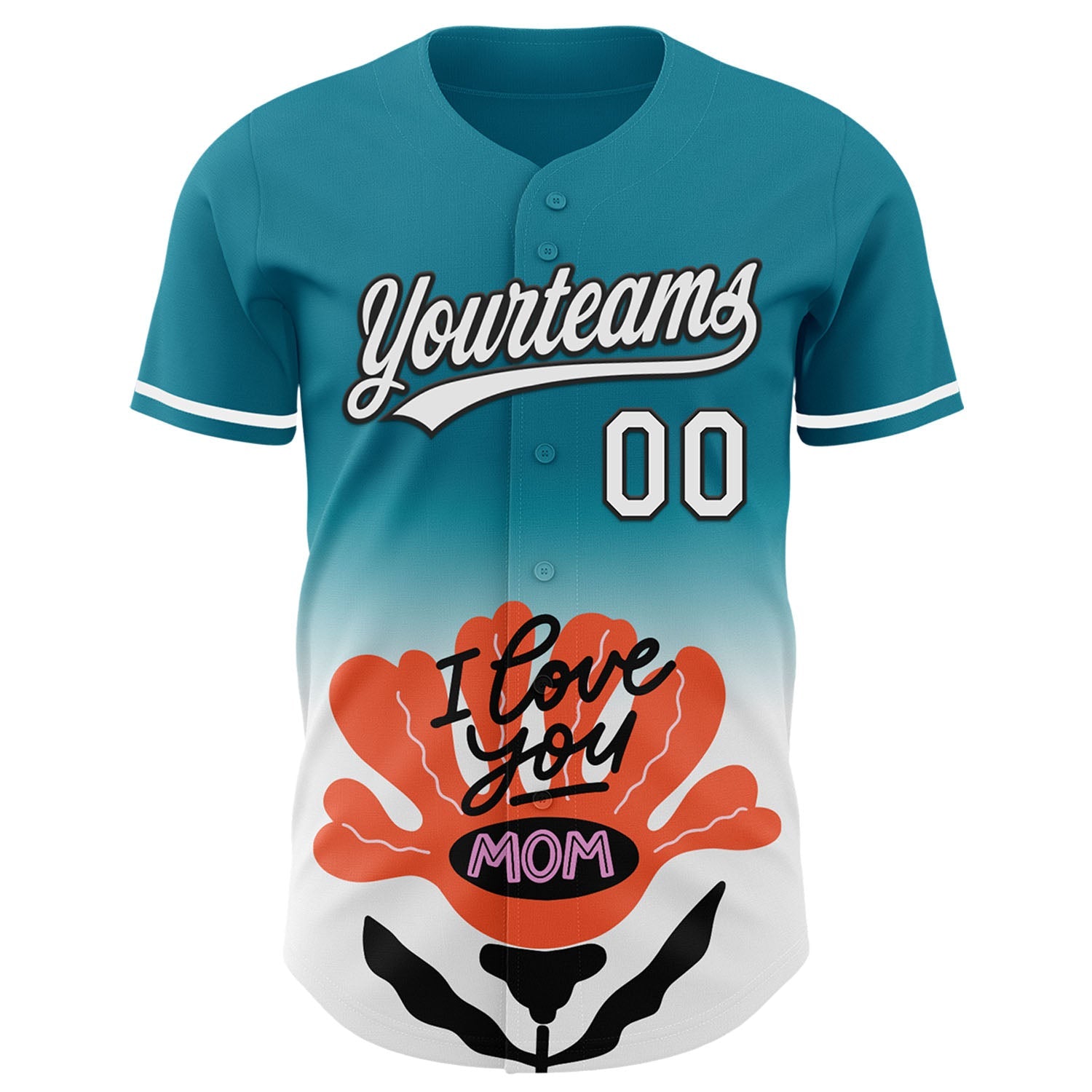 Custom Teal White-Black 3D Pattern Design Gradient Mother's Day Flower Authentic Baseball Jersey view 2