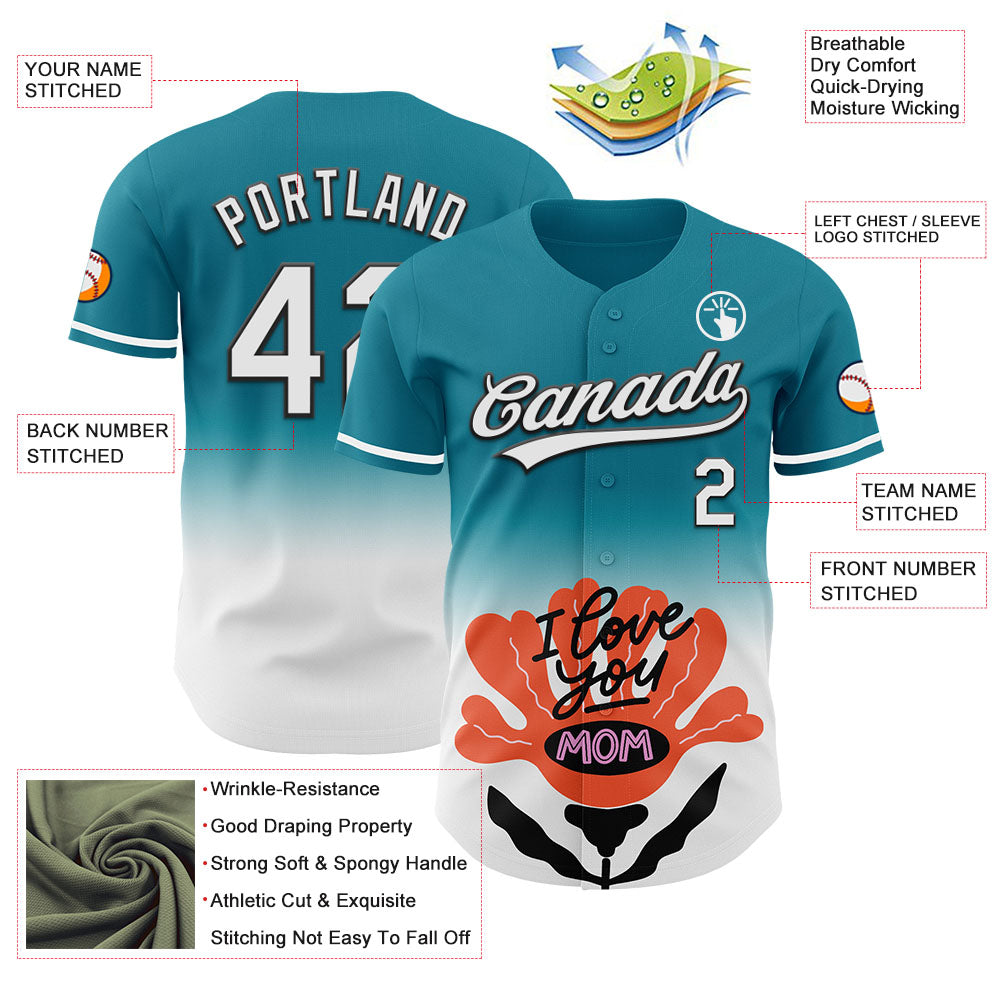 Custom Teal White-Black 3D Pattern Design Gradient Mother's Day Flower Authentic Baseball Jersey view 3