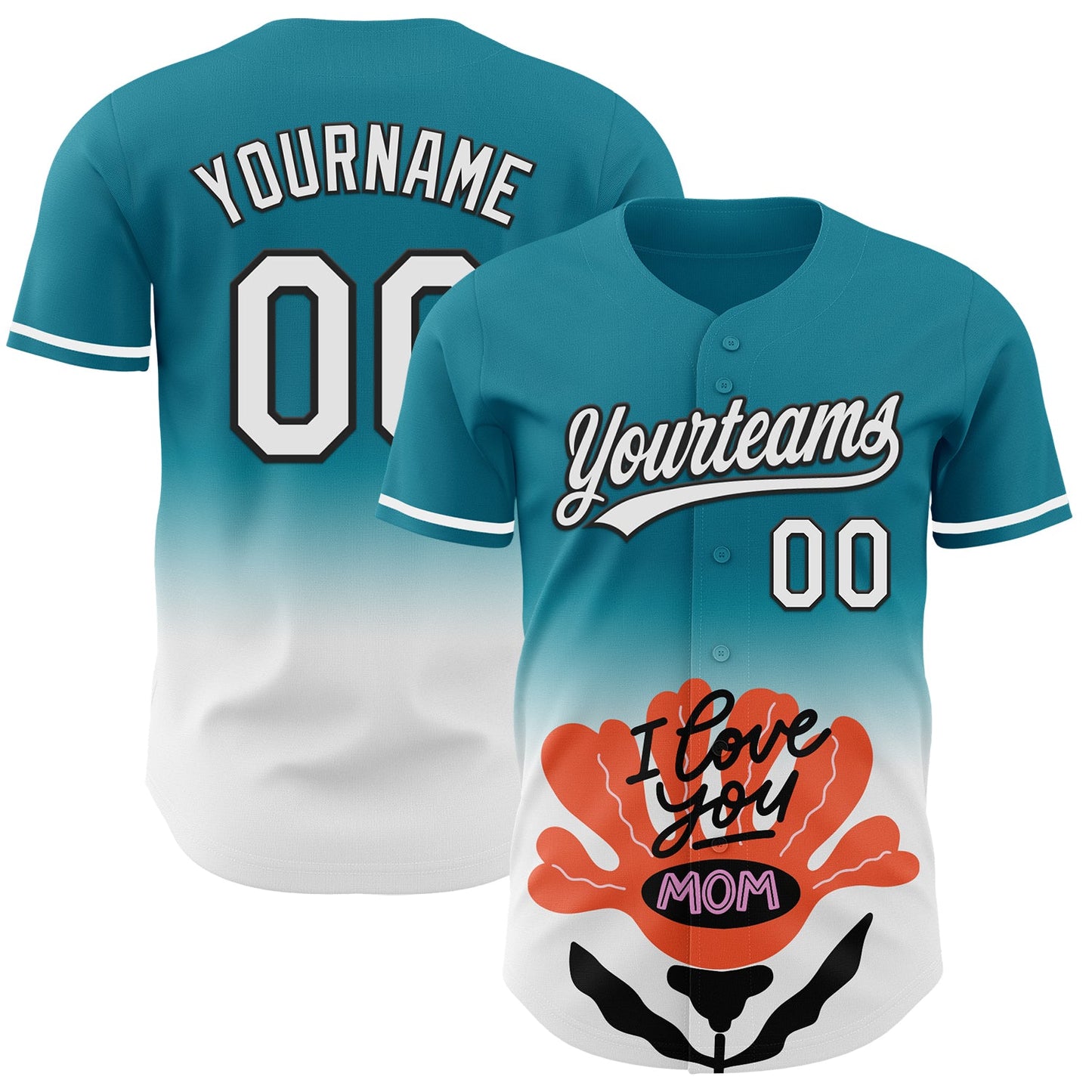 Custom Teal White-Black 3D Pattern Design Gradient Mother's Day Flower Authentic Baseball Jersey - Main View