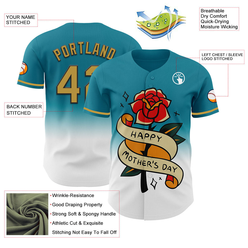 Custom Teal Old Gold-Black 3D Pattern Design Gradient Mother's Day Flower Authentic Baseball Jersey view 3