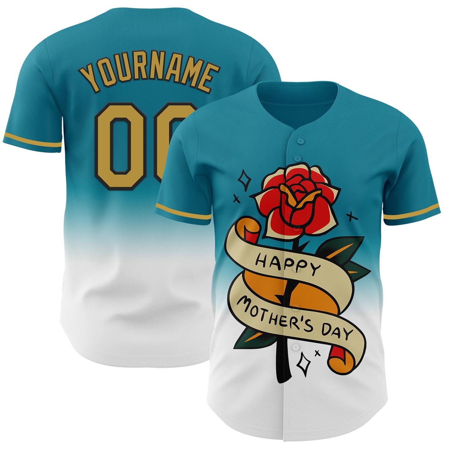 Custom Teal Old Gold-Black 3D Pattern Design Gradient Mother's Day Flower Authentic Baseball Jersey - Main View