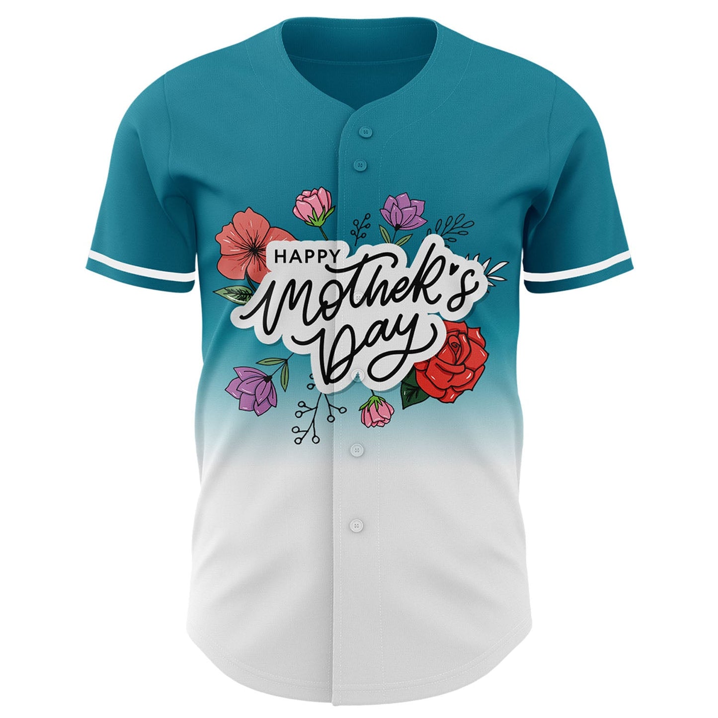 Custom Teal White-Black 3D Pattern Design Gradient Mother's Day Flower Authentic Baseball Jersey view 2