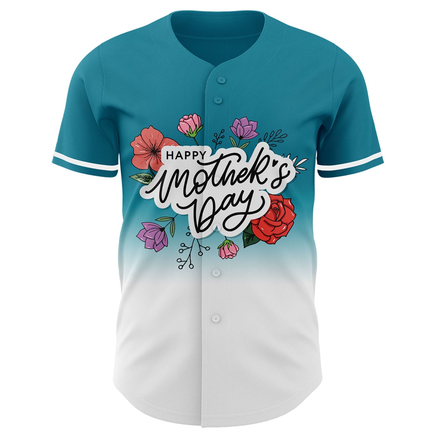 Custom Teal White-Black 3D Pattern Design Gradient Mother's Day Flower Authentic Baseball Jersey view 2