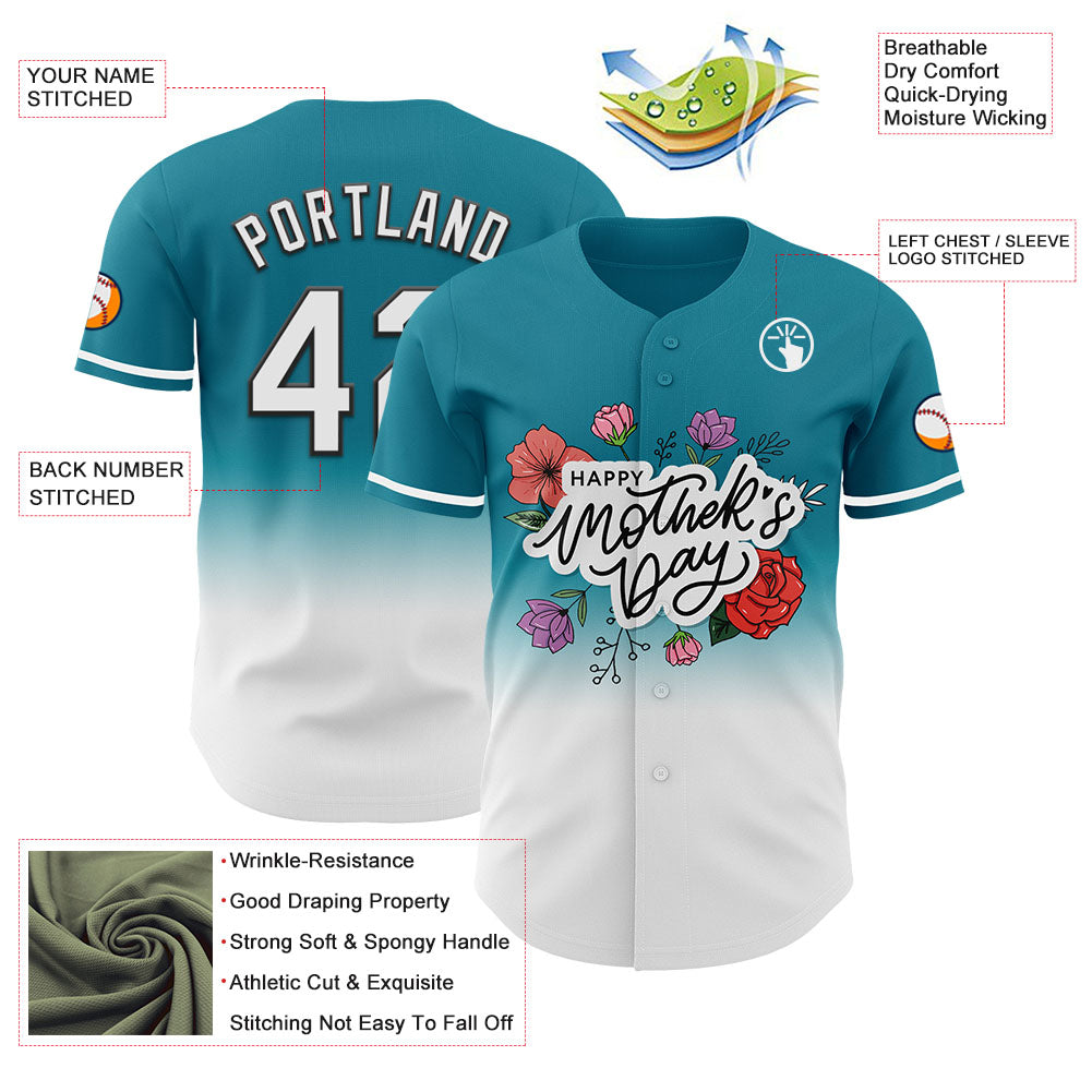 Custom Teal White-Black 3D Pattern Design Gradient Mother's Day Flower Authentic Baseball Jersey view 3