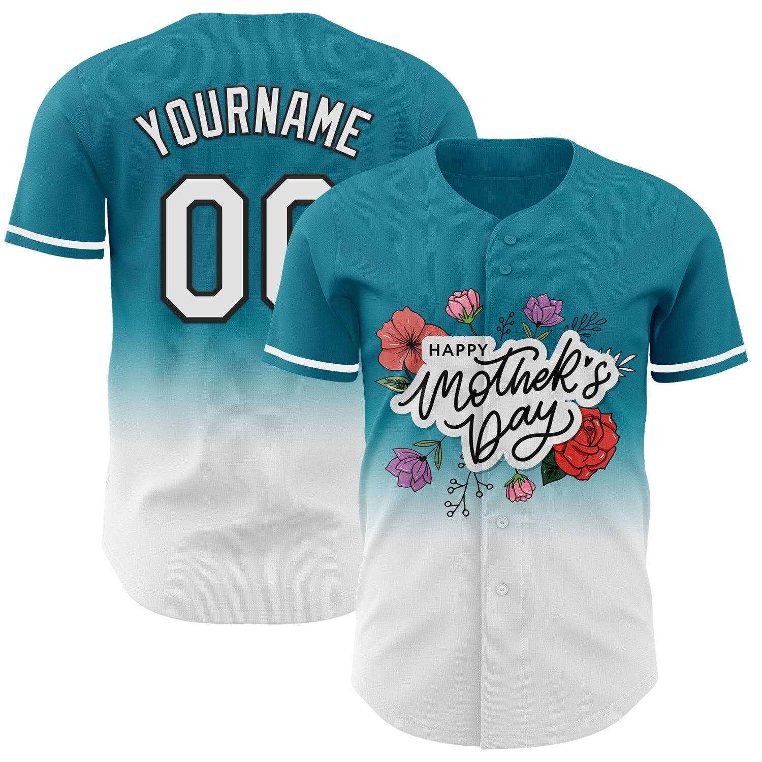 Custom Teal White-Black 3D Pattern Design Gradient Mother's Day Flower Authentic Baseball Jersey - Main View