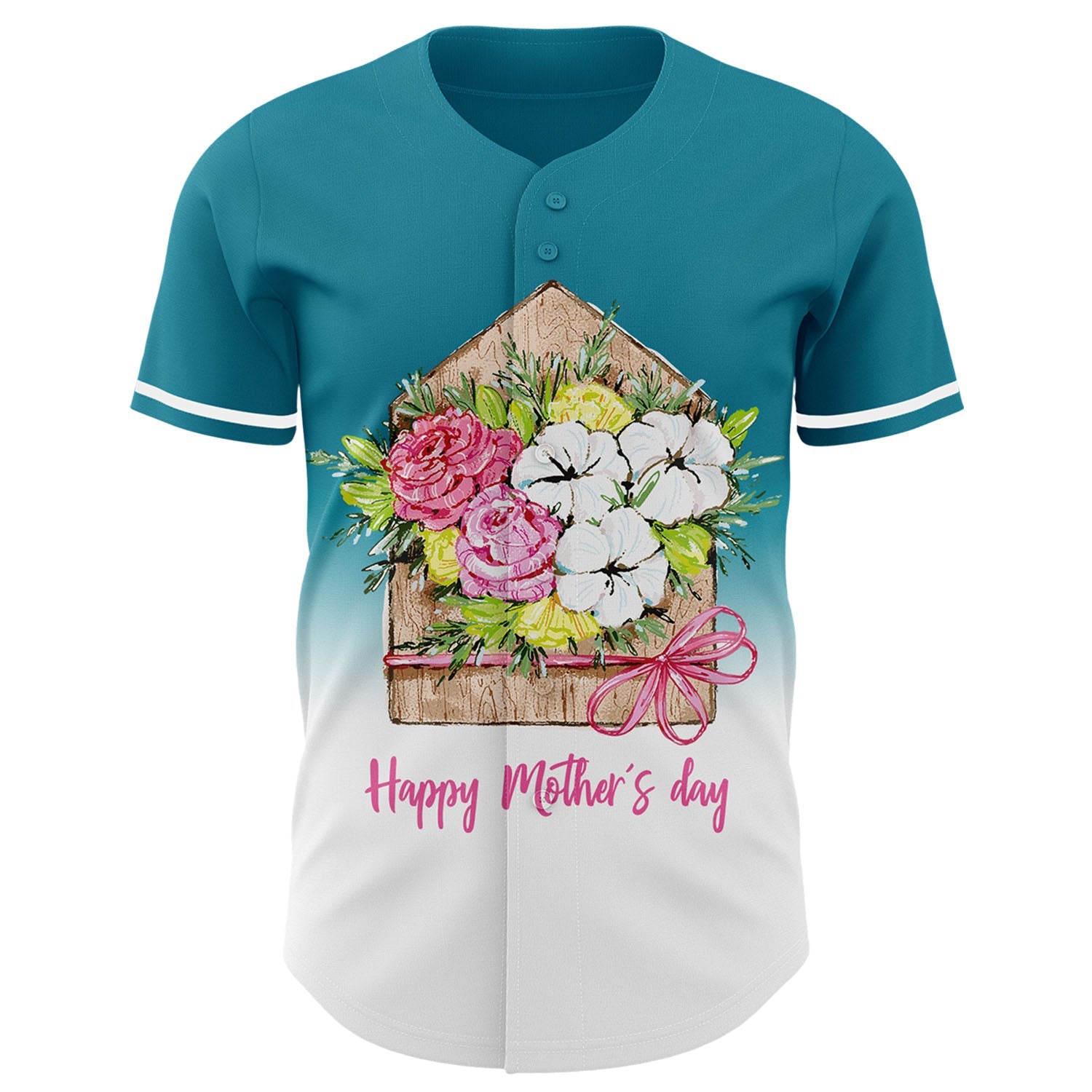 Custom Teal White-Black 3D Pattern Design Gradient Mother's Day Flower Authentic Baseball Jersey view 2