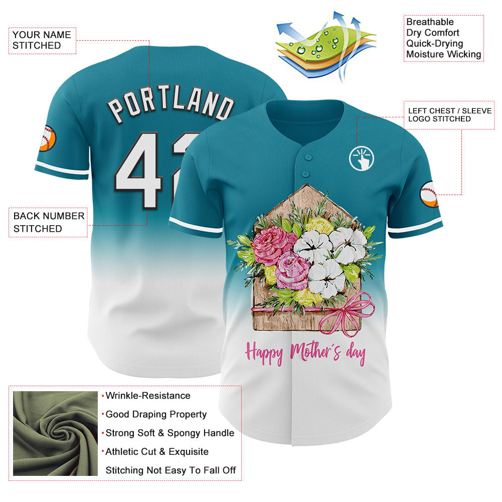 Custom Teal White-Black 3D Pattern Design Gradient Mother's Day Flower Authentic Baseball Jersey view 3