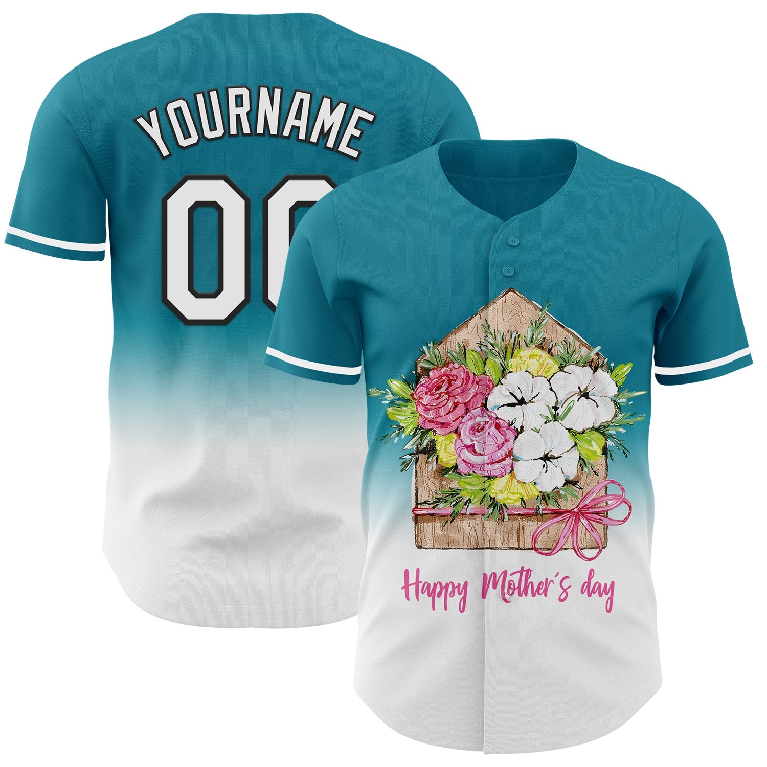 Custom Teal White-Black 3D Pattern Design Gradient Mother's Day Flower Authentic Baseball Jersey - Main View