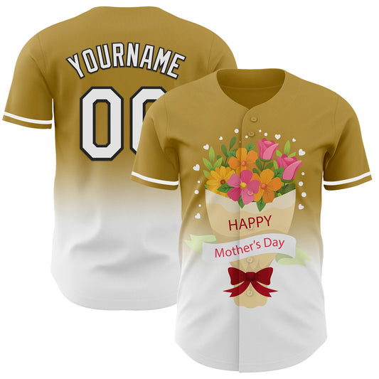 Custom Old Gold White-Black 3D Pattern Design Gradient Mother's Day Flower Authentic Baseball Jersey - Main View