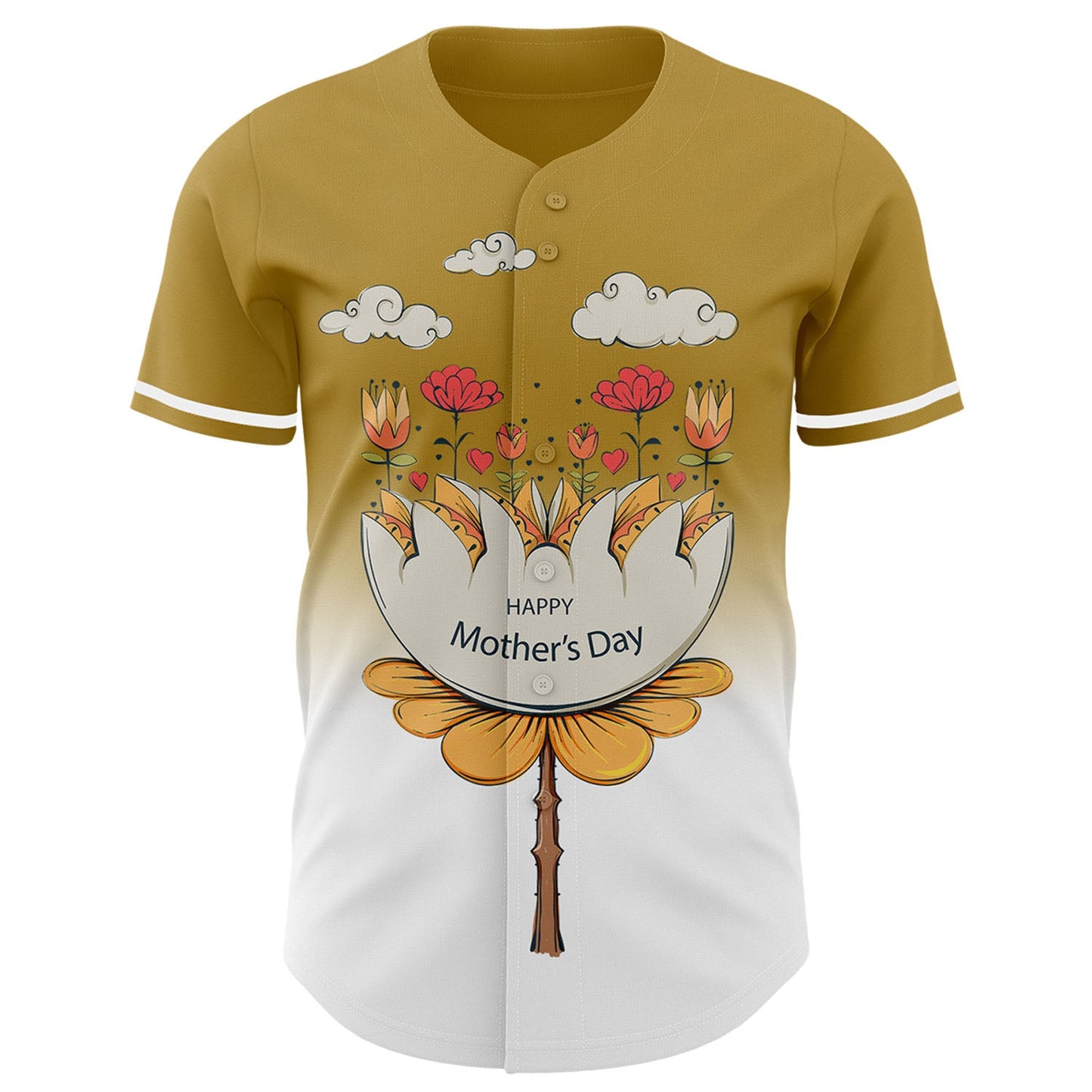 Custom Old Gold White-Black 3D Pattern Design Gradient Mother's Day Flower Authentic Baseball Jersey view 2