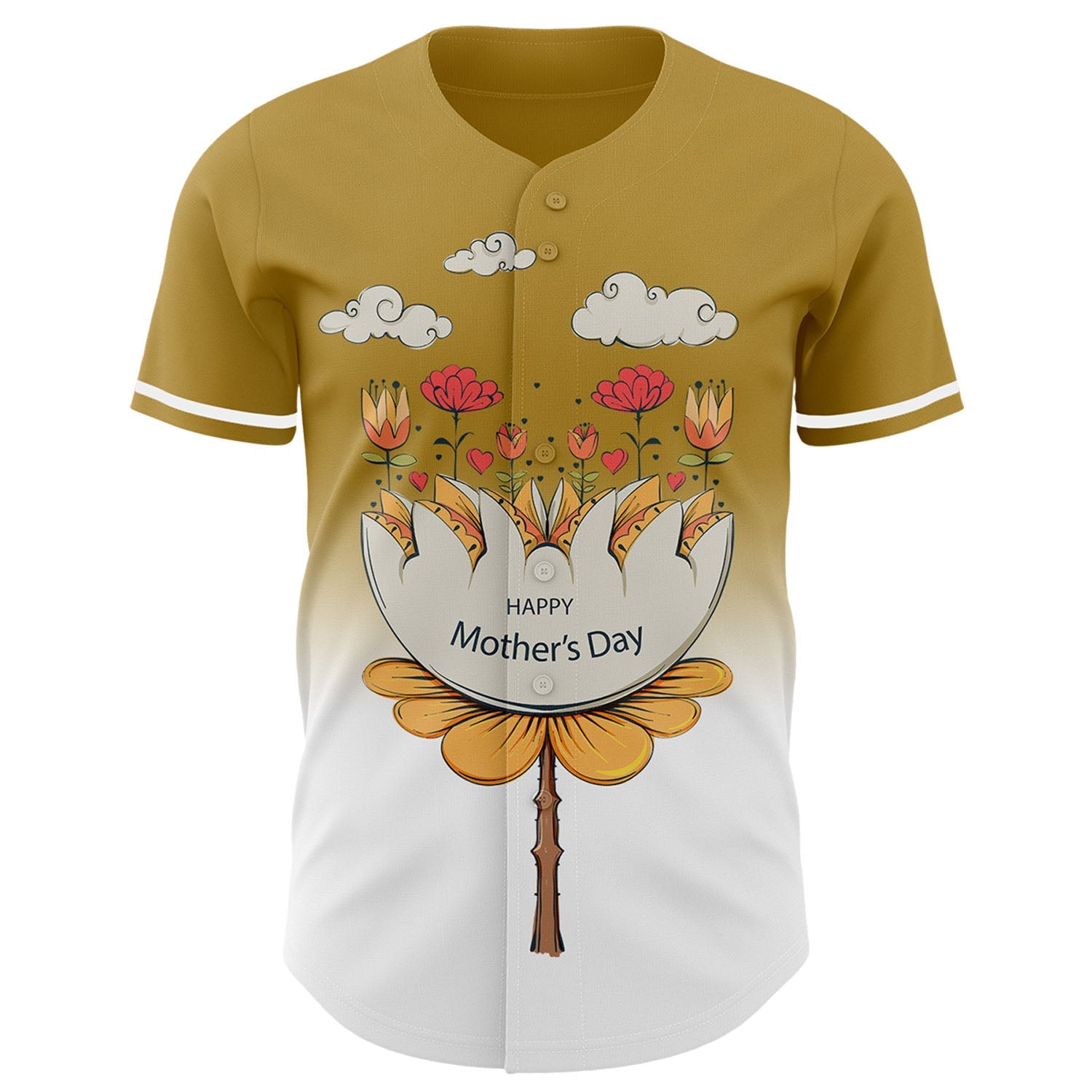 Custom Old Gold White-Black 3D Pattern Design Gradient Mother's Day Flower Authentic Baseball Jersey view 2
