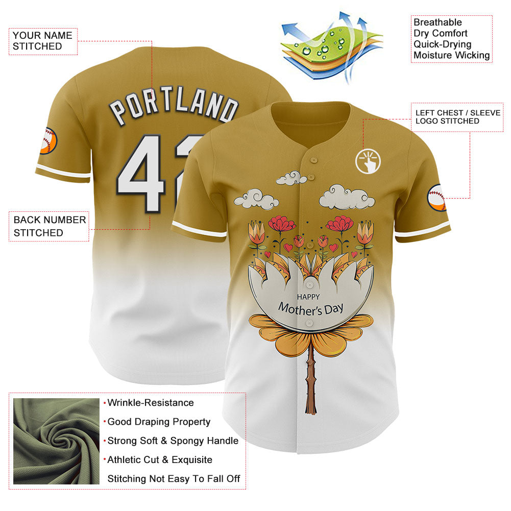 Custom Old Gold White-Black 3D Pattern Design Gradient Mother's Day Flower Authentic Baseball Jersey view 3