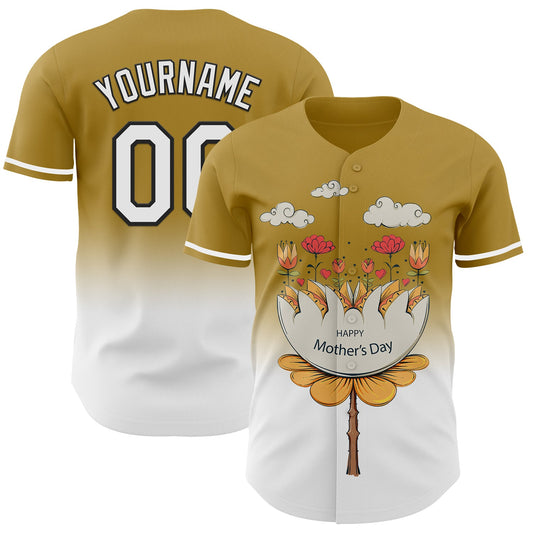 Custom Old Gold White-Black 3D Pattern Design Gradient Mother's Day Flower Authentic Baseball Jersey - Main View