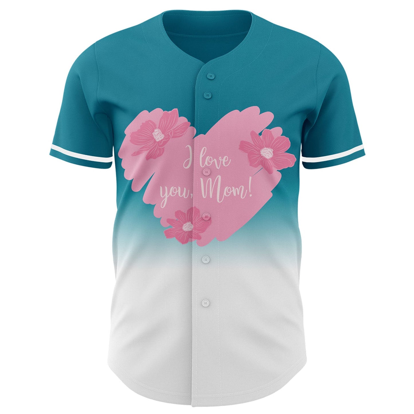 Custom Teal White-Light Pink 3D Pattern Design Gradient Mother's Day Love And Flower Authentic Baseball Jersey view 2