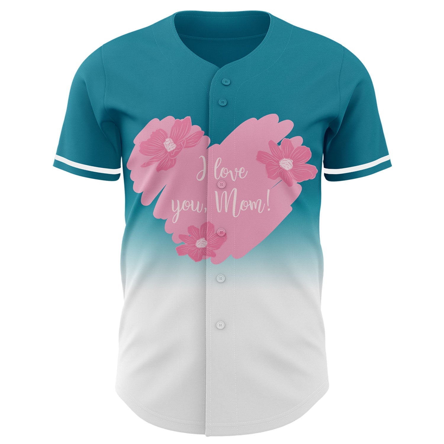 Custom Teal White-Light Pink 3D Pattern Design Gradient Mother's Day Love And Flower Authentic Baseball Jersey view 2