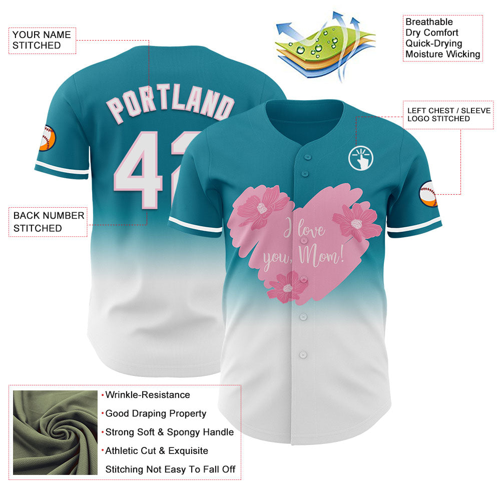 Custom Teal White-Light Pink 3D Pattern Design Gradient Mother's Day Love And Flower Authentic Baseball Jersey view 3