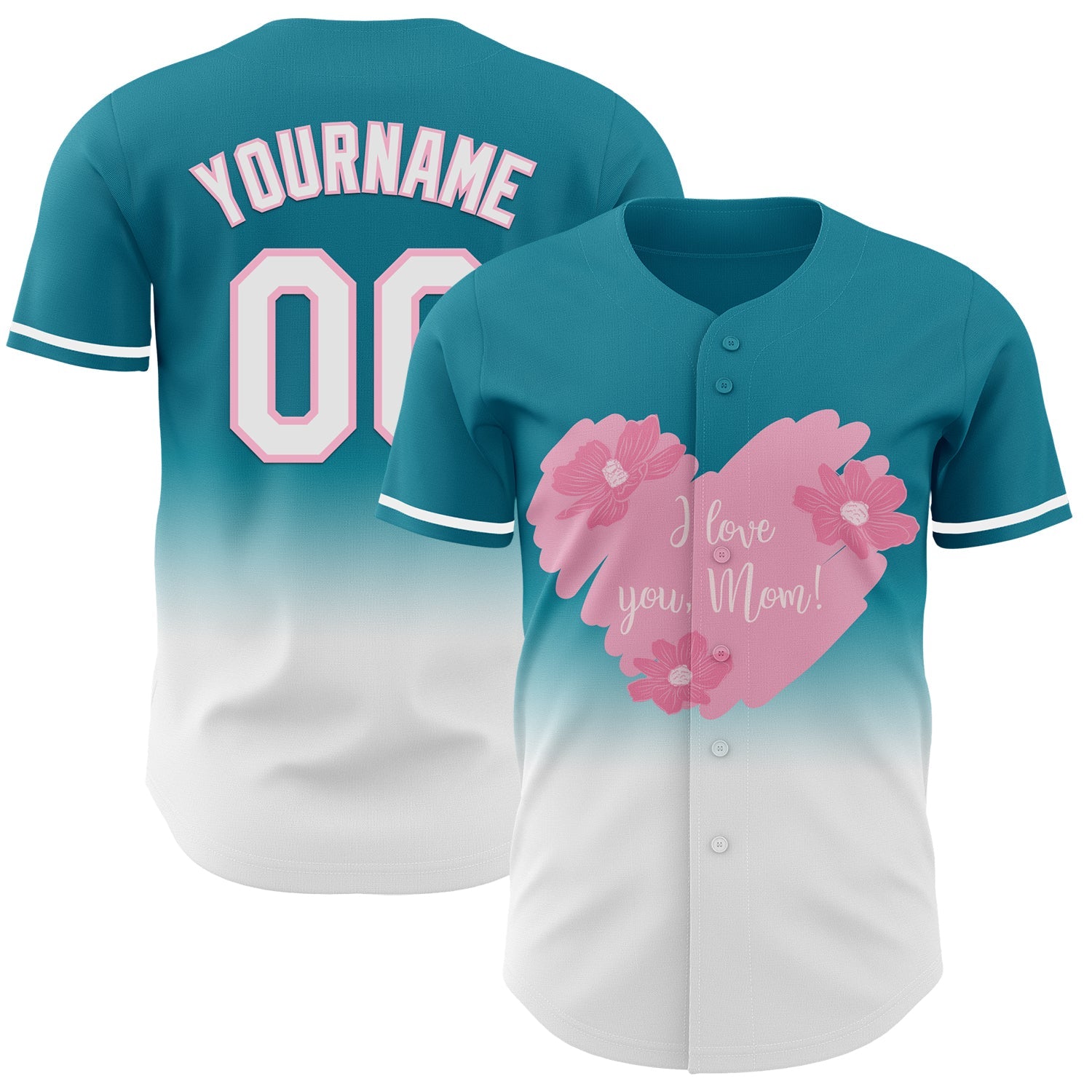 Custom Teal White-Light Pink 3D Pattern Design Gradient Mother's Day Love And Flower Authentic Baseball Jersey - Main View