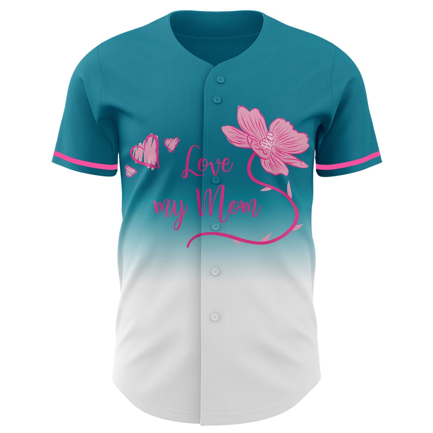 Custom Teal White-Pink 3D Pattern Design Gradient Mother's Day Love And Flower Authentic Baseball Jersey view 2