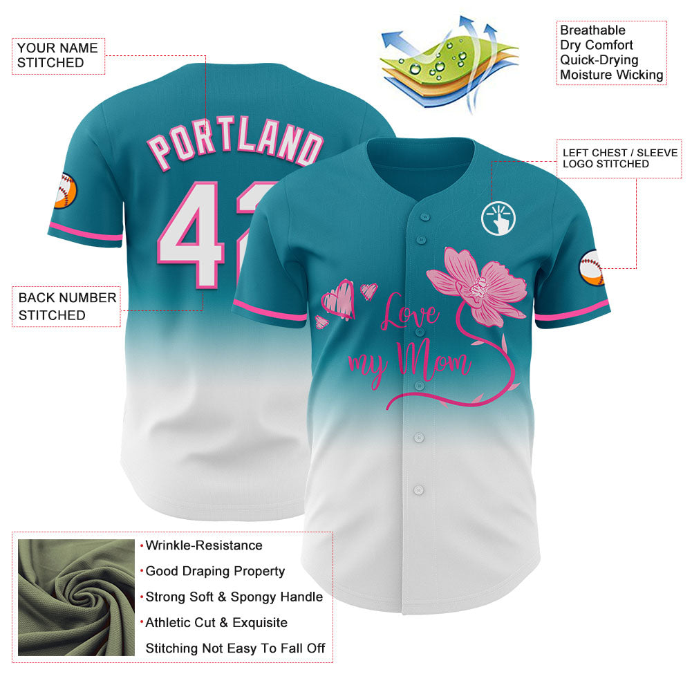 Custom Teal White-Pink 3D Pattern Design Gradient Mother's Day Love And Flower Authentic Baseball Jersey view 3