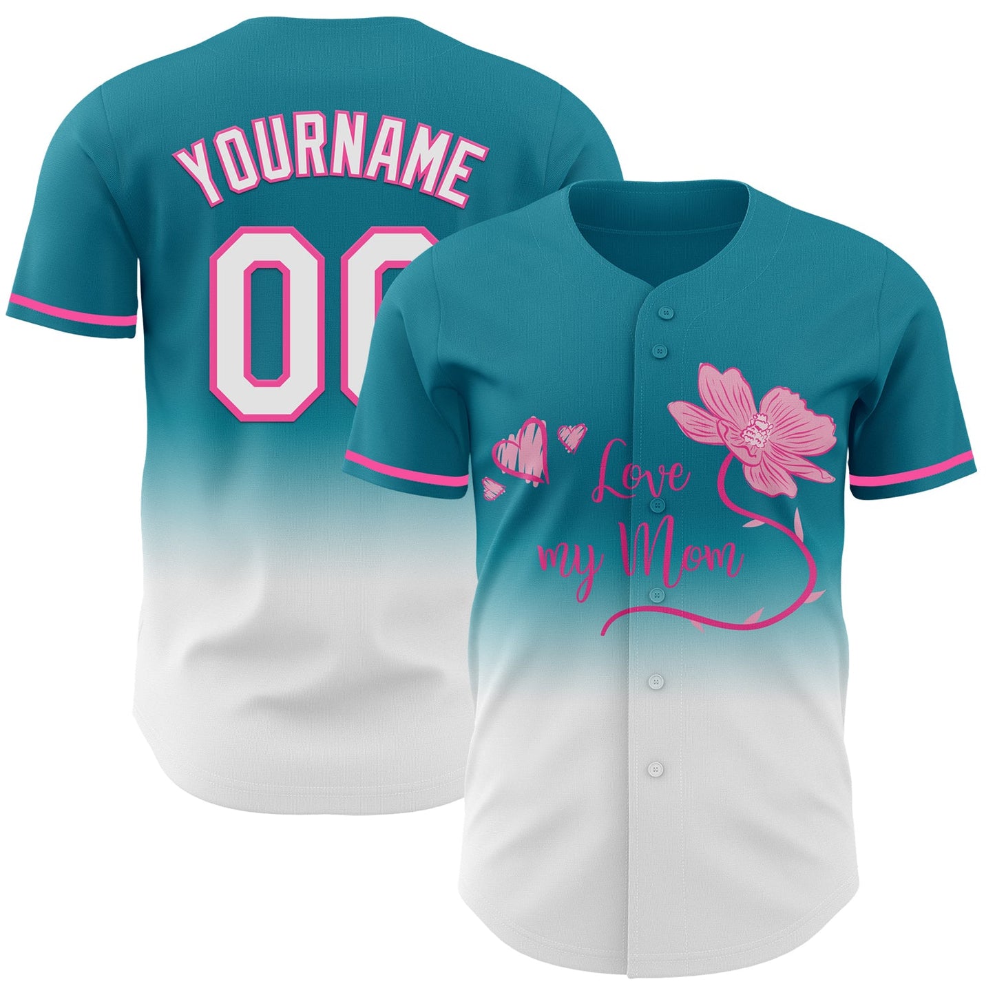 Custom Teal White-Pink 3D Pattern Design Gradient Mother's Day Love And Flower Authentic Baseball Jersey - Main View