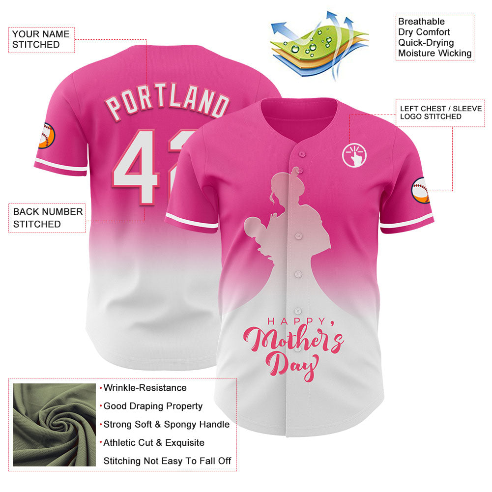 Custom Pink White-Neon Pink 3D Pattern Design Gradient Mother's Day Family Love Authentic Baseball Jersey view 3