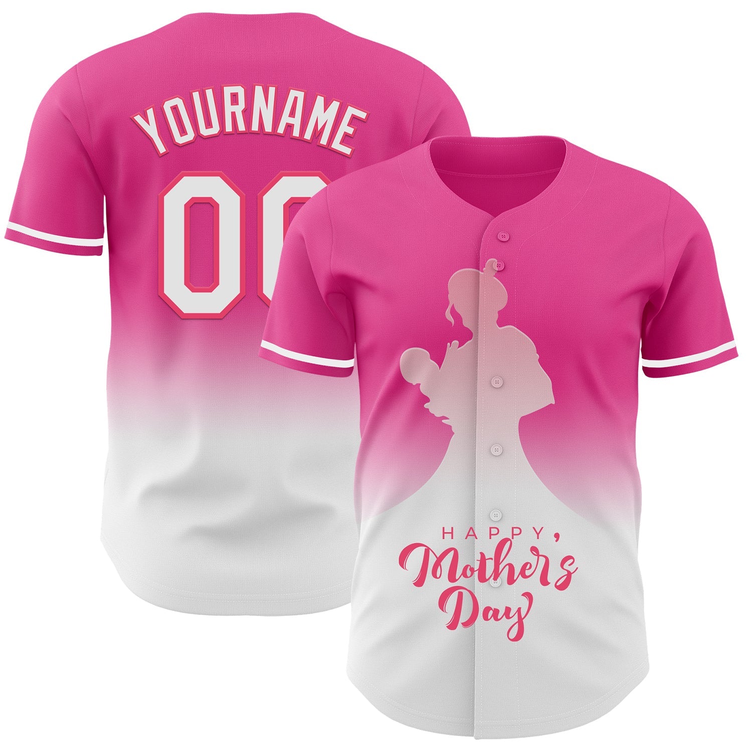 Custom Pink White-Neon Pink 3D Pattern Design Gradient Mother's Day Family Love Authentic Baseball Jersey - Main View