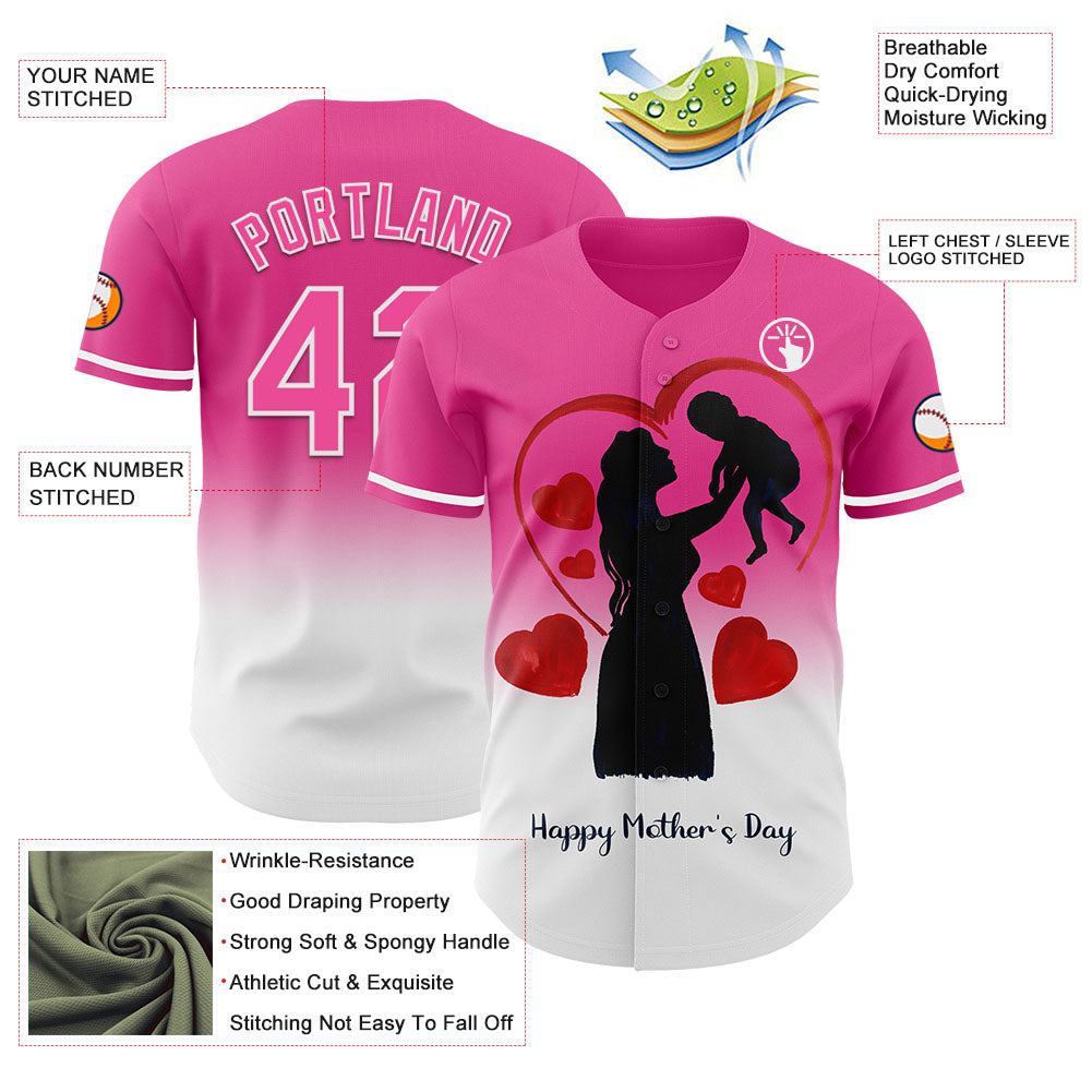 Custom Pink White 3D Pattern Design Gradient Mother's Day Family Love Authentic Baseball Jersey view 3