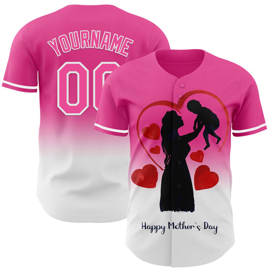 Custom Pink White 3D Pattern Design Gradient Mother's Day Family Love Authentic Baseball Jersey - Main View