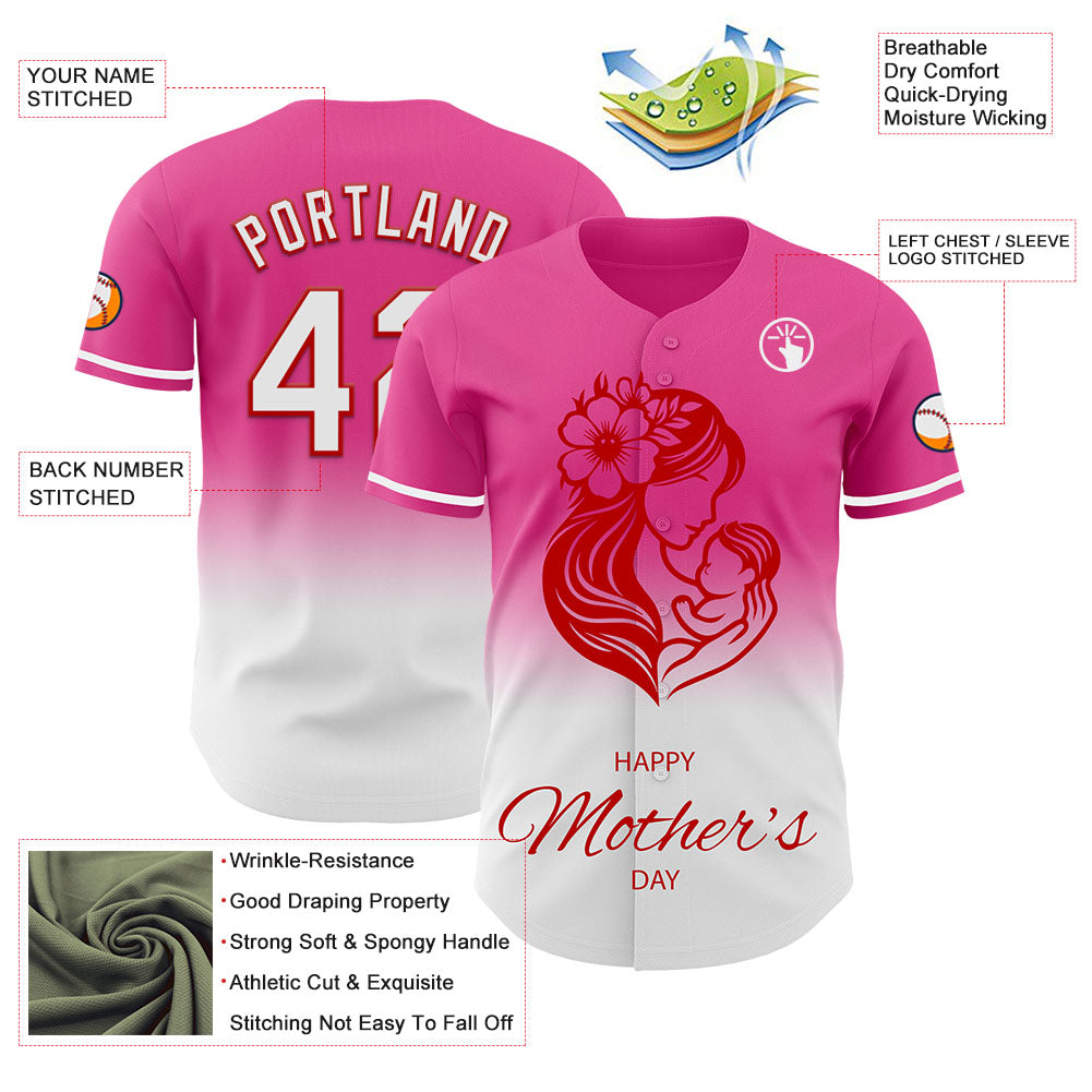 Custom Pink White-Red 3D Pattern Design Gradient Mother's Day Family Love Authentic Baseball Jersey view 3