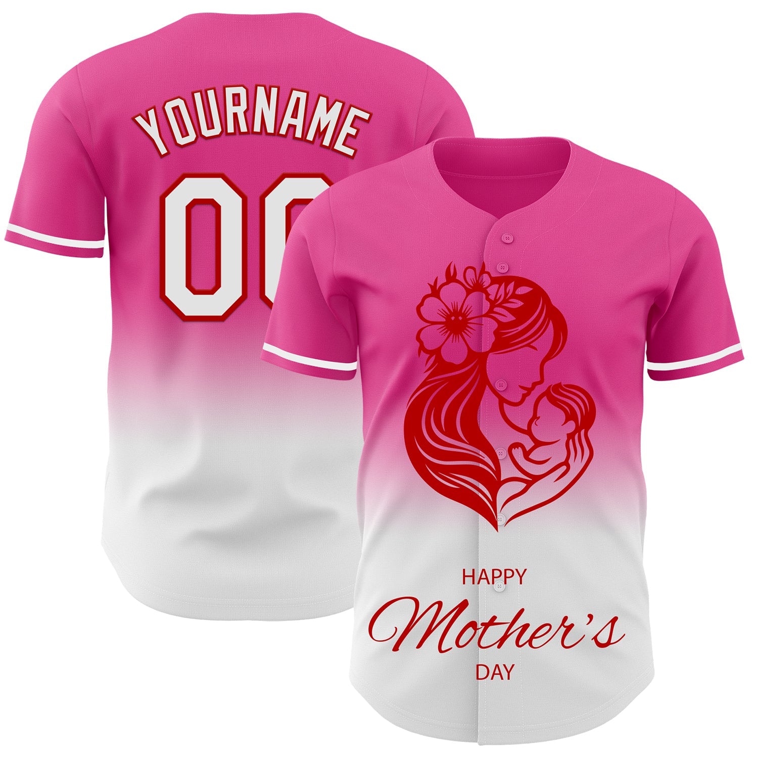 Custom Pink White-Red 3D Pattern Design Gradient Mother's Day Family Love Authentic Baseball Jersey - Main View