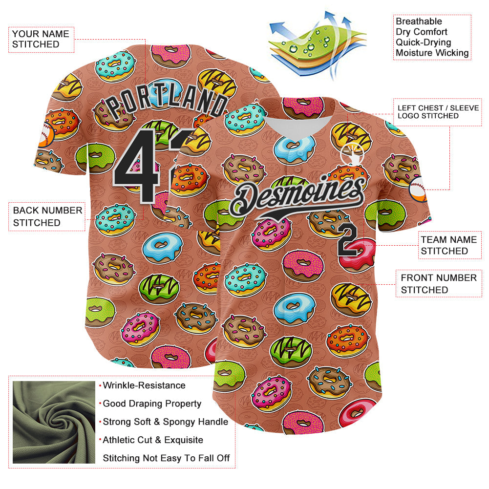 Custom Brown Black-White 3D Pattern Design Foodie Food Dessert Doughnut Authentic Baseball Jersey view 3