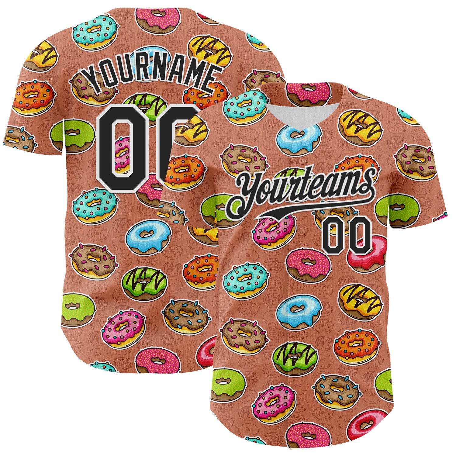 Custom Brown Black-White 3D Pattern Design Foodie Food Dessert Doughnut Authentic Baseball Jersey - Main View