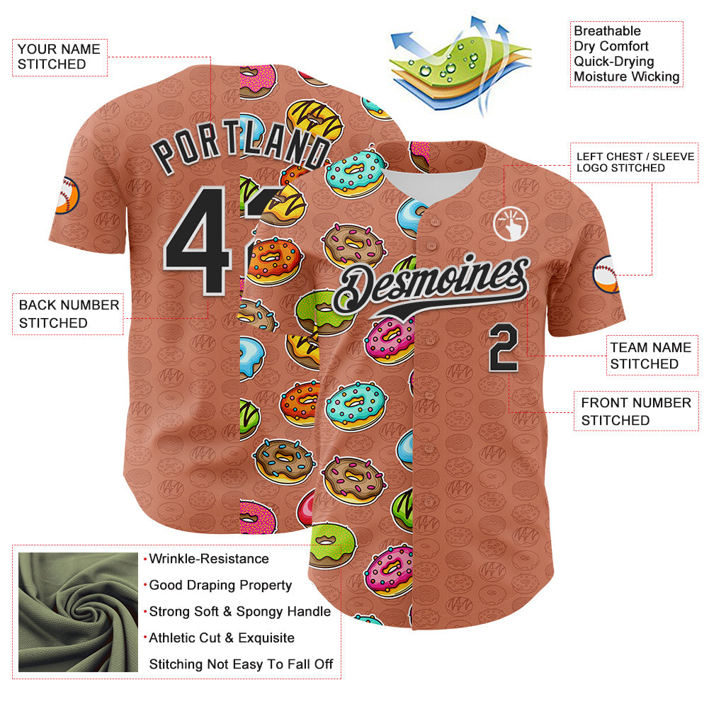 Custom Brown Black-White 3D Pattern Design Foodie Food Dessert Doughnut Authentic Baseball Jersey view 3