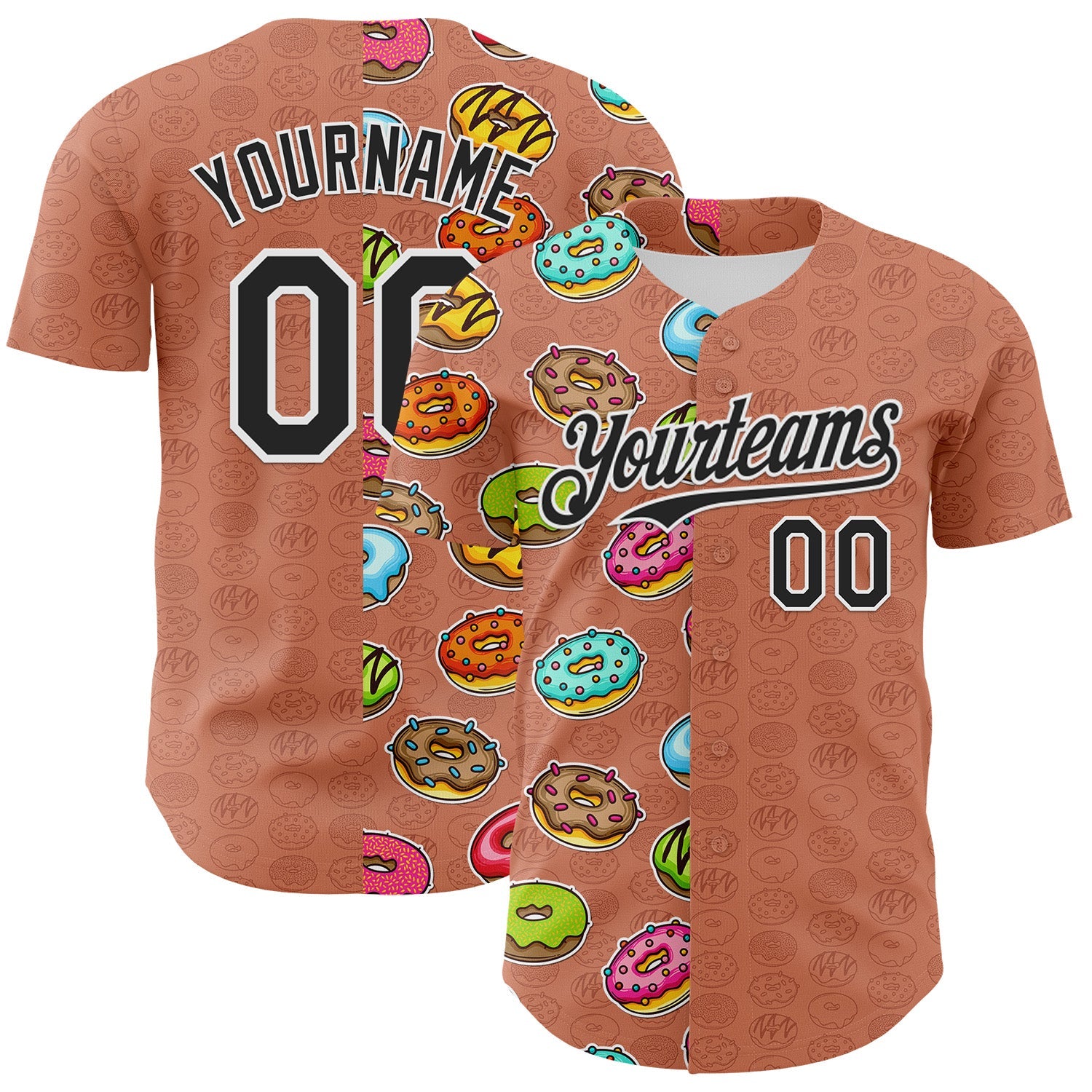 Custom Brown Black-White 3D Pattern Design Foodie Food Dessert Doughnut Authentic Baseball Jersey - Main View