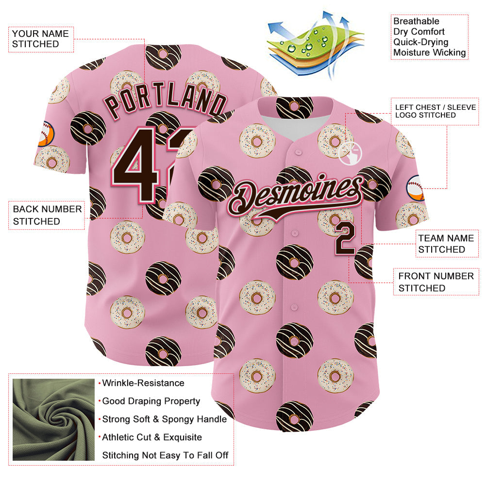 Custom Light Pink Brown-Neon Pink 3D Pattern Design Foodie Food Dessert Doughnut Authentic Baseball Jersey view 3