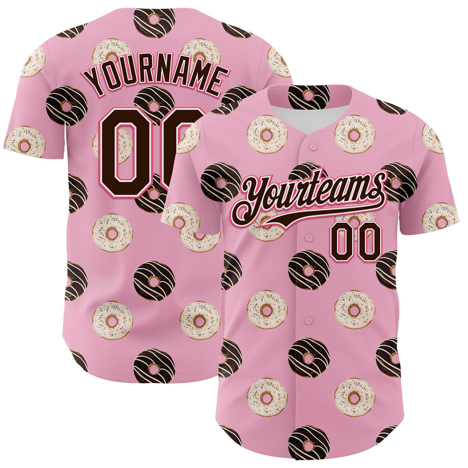 Custom Light Pink Brown-Neon Pink 3D Pattern Design Foodie Food Dessert Doughnut Authentic Baseball Jersey - Main View