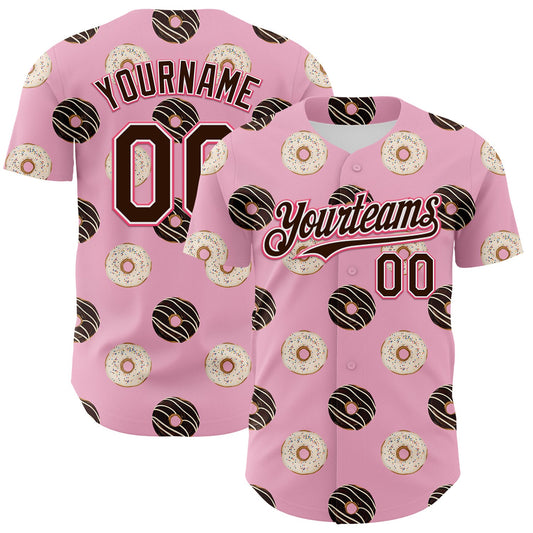 Custom Light Pink Brown-Neon Pink 3D Pattern Design Foodie Food Dessert Doughnut Authentic Baseball Jersey - Main View