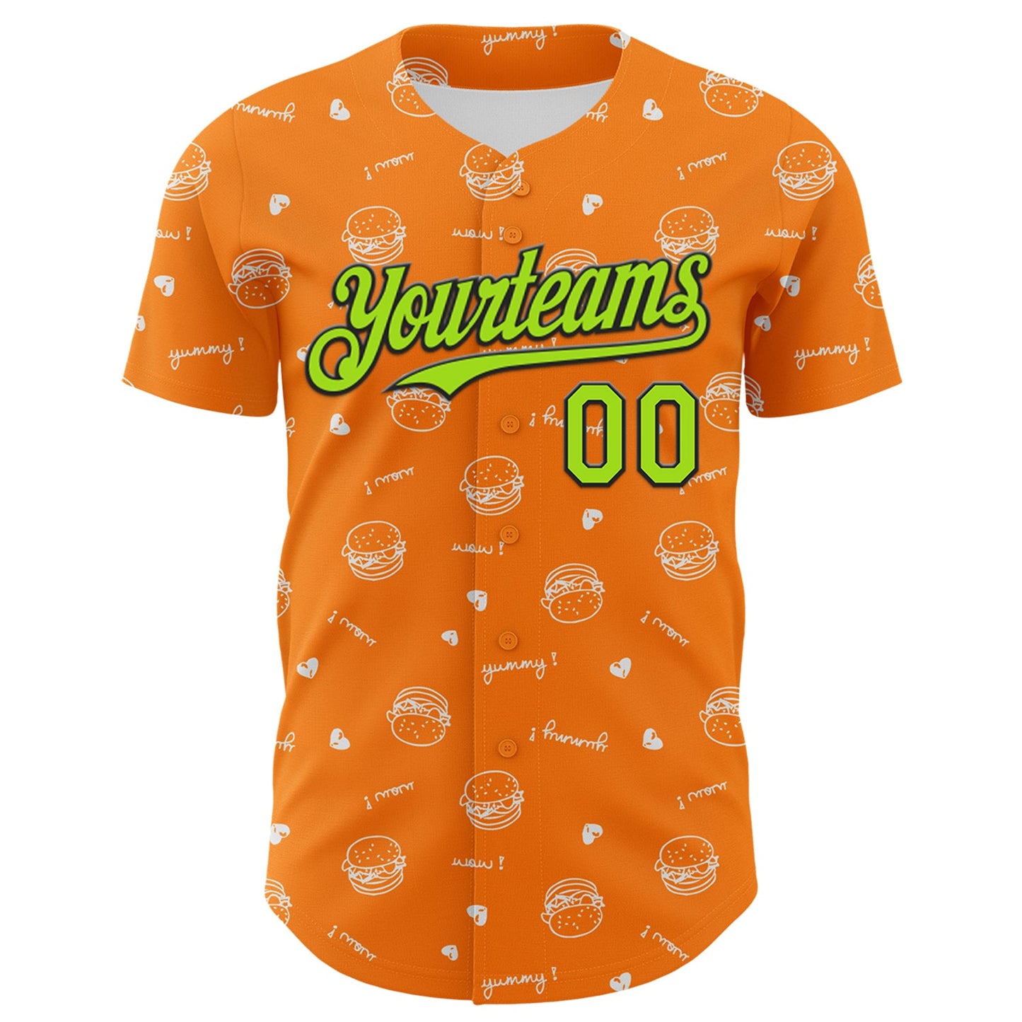 Custom Bay Orange Neon Green-Black 3D Pattern Design Foodie Fast Food Burger Authentic Baseball Jersey view 2