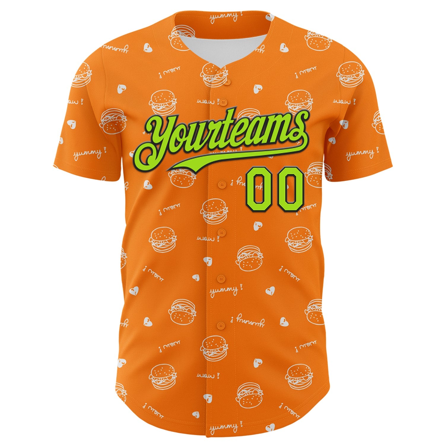 Custom Bay Orange Neon Green-Black 3D Pattern Design Foodie Fast Food Burger Authentic Baseball Jersey view 2
