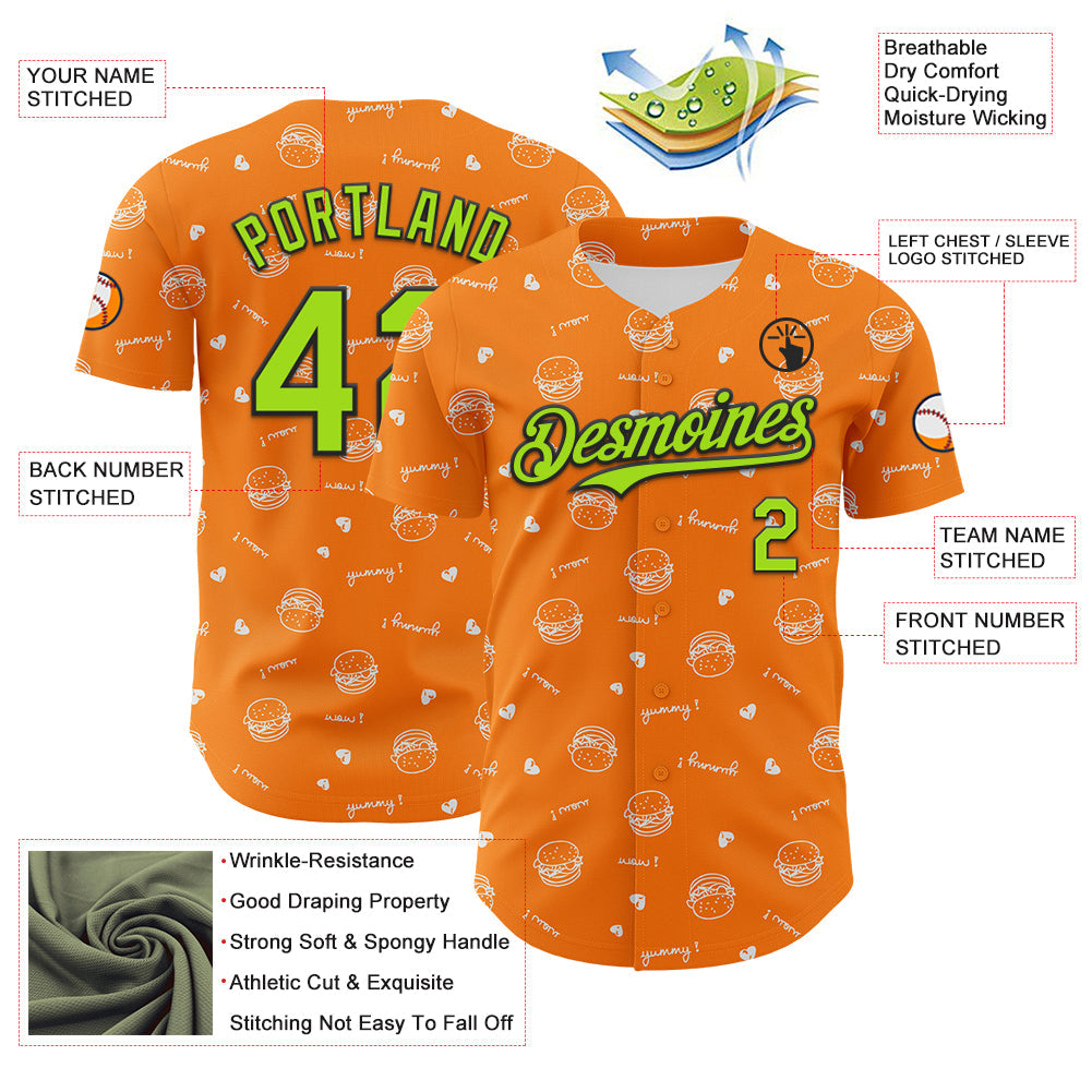 Custom Bay Orange Neon Green-Black 3D Pattern Design Foodie Fast Food Burger Authentic Baseball Jersey view 3