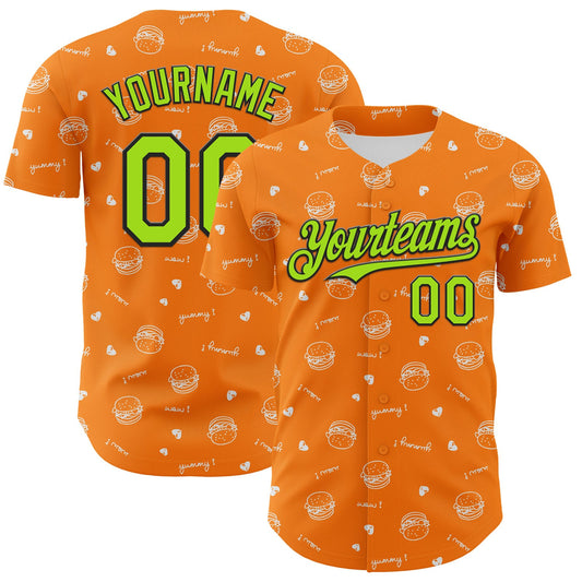 Custom Bay Orange Neon Green-Black 3D Pattern Design Foodie Fast Food Burger Authentic Baseball Jersey - Main View