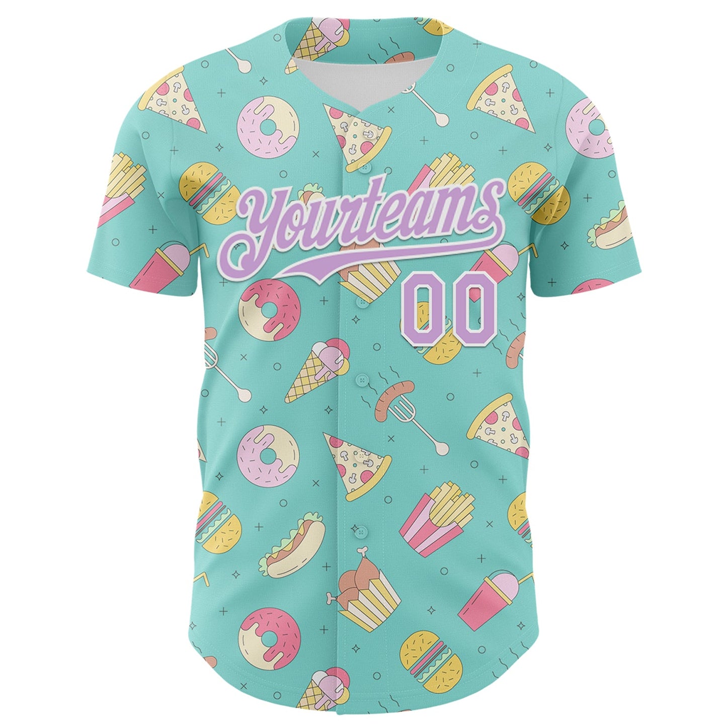 Custom Ice Blue Light Purple-White 3D Pattern Design Foodie Fast Food Burger Fries Pizza Authentic Baseball Jersey view 2