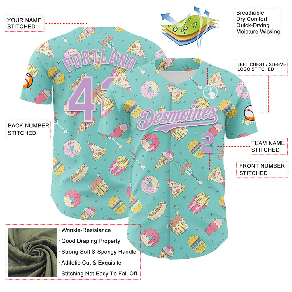Custom Ice Blue Light Purple-White 3D Pattern Design Foodie Fast Food Burger Fries Pizza Authentic Baseball Jersey view 3