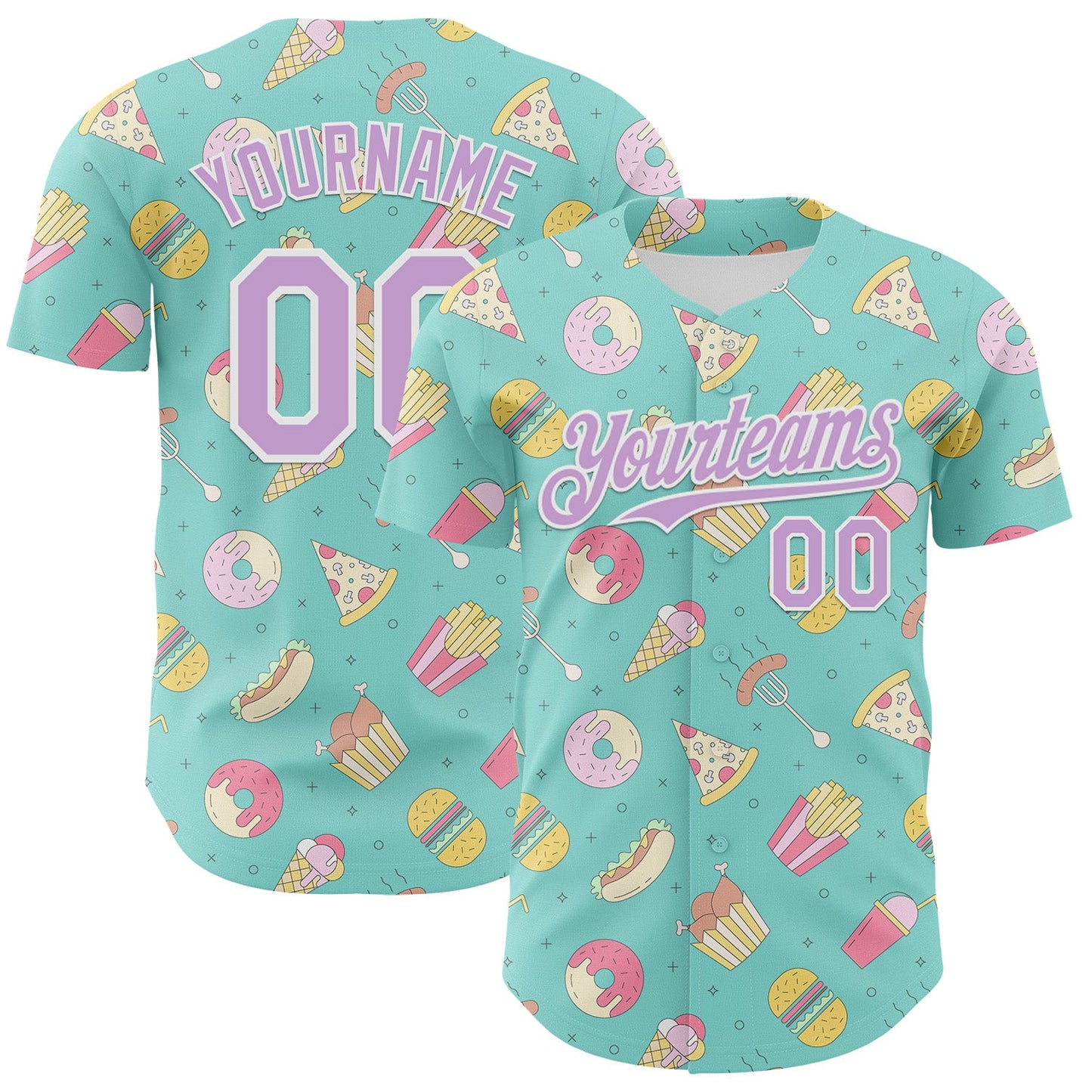 Custom Ice Blue Light Purple-White 3D Pattern Design Foodie Fast Food Burger Fries Pizza Authentic Baseball Jersey - Main View