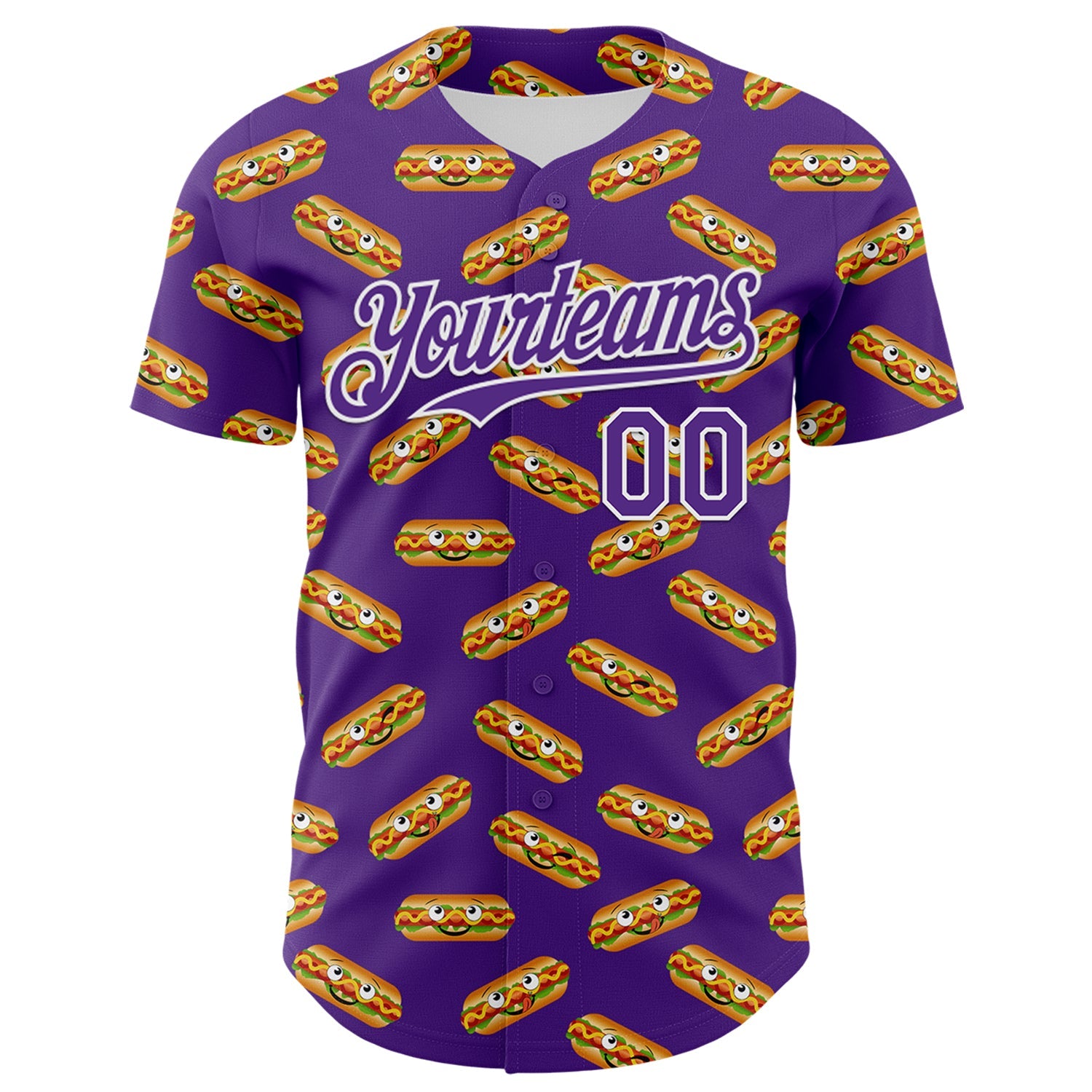 Custom Purple White 3D Pattern Design Foodie Fast Food Hot Dog Authentic Baseball Jersey view 2