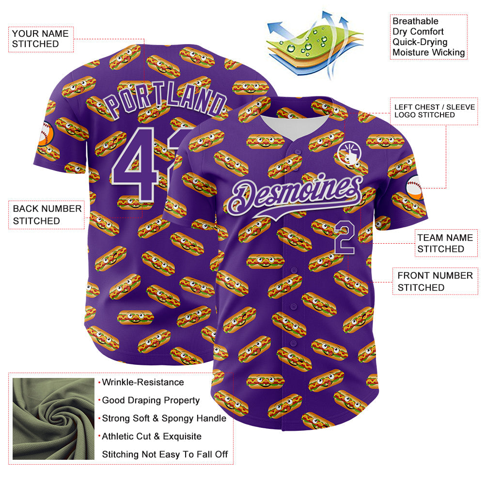Custom Purple White 3D Pattern Design Foodie Fast Food Hot Dog Authentic Baseball Jersey view 3