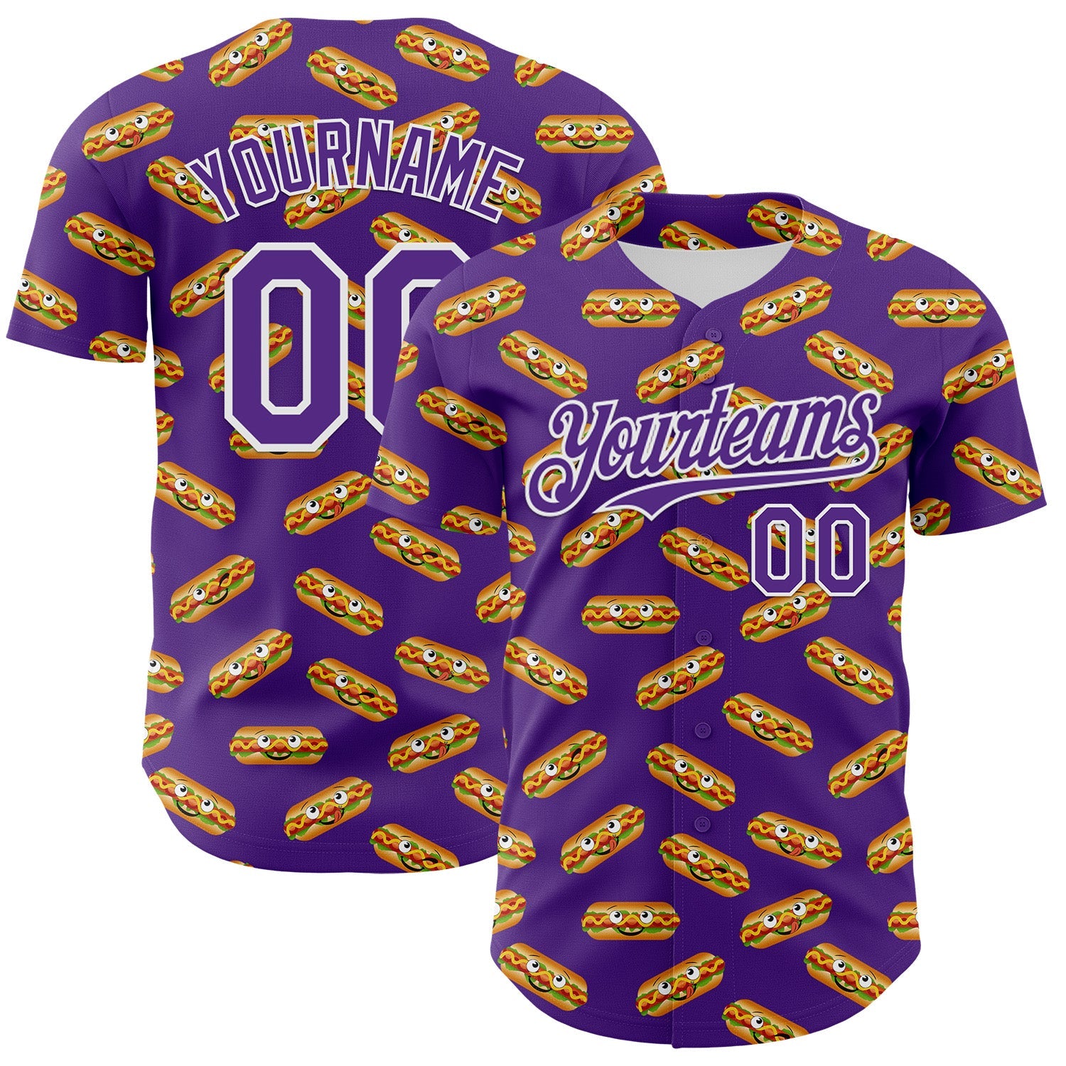 Custom Purple White 3D Pattern Design Foodie Fast Food Hot Dog Authentic Baseball Jersey - Main View